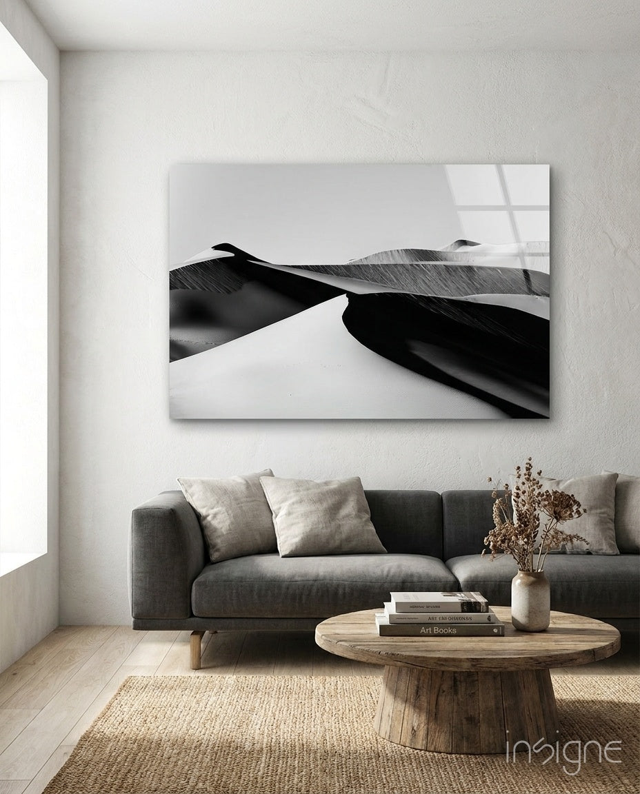 Black landscape desert dunes glass wall art