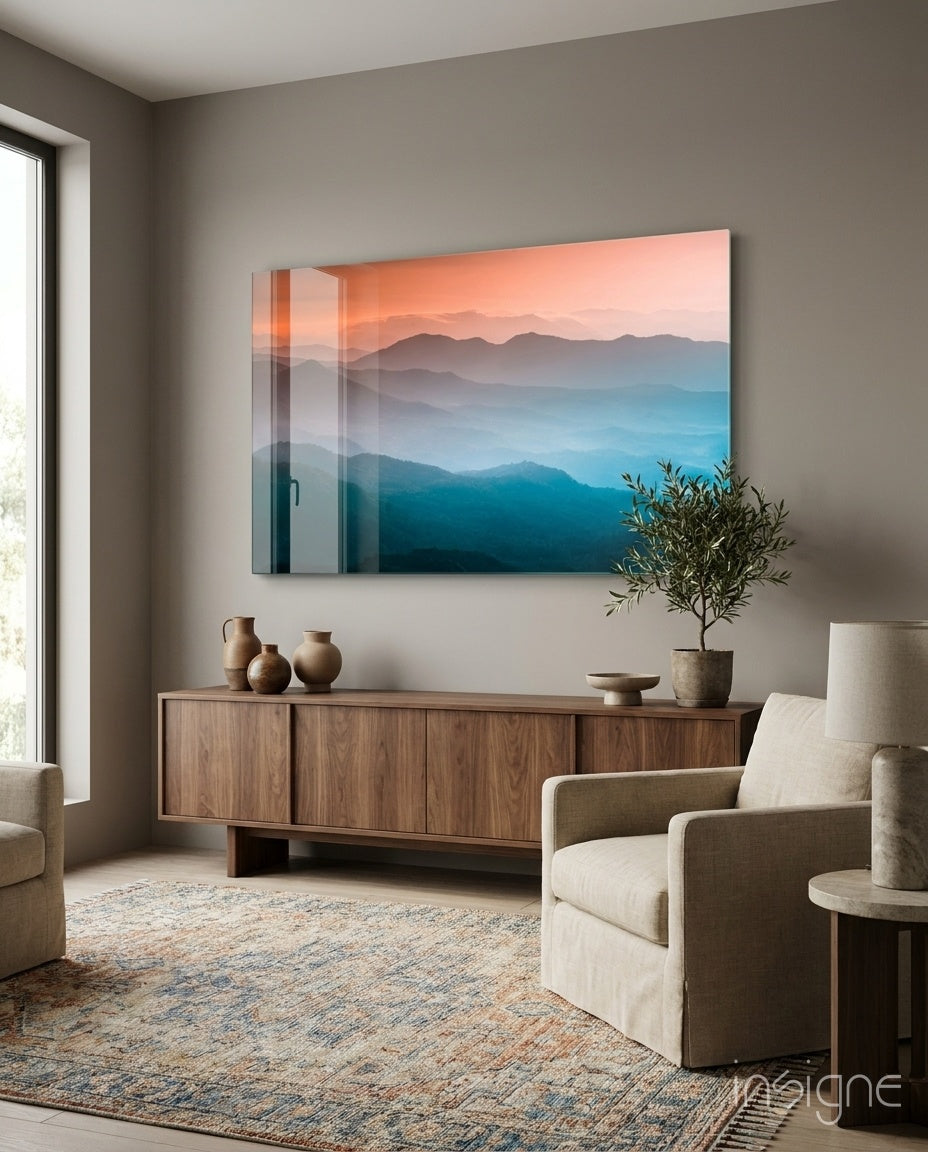 Layered Mountain Dawn glass wall art in cobalt and coral