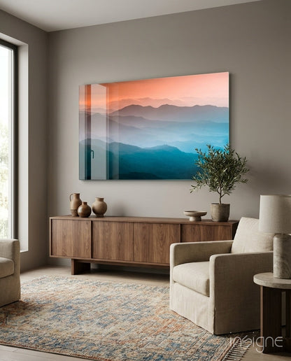 Layered Mountain Dawn glass wall art in cobalt and coral
