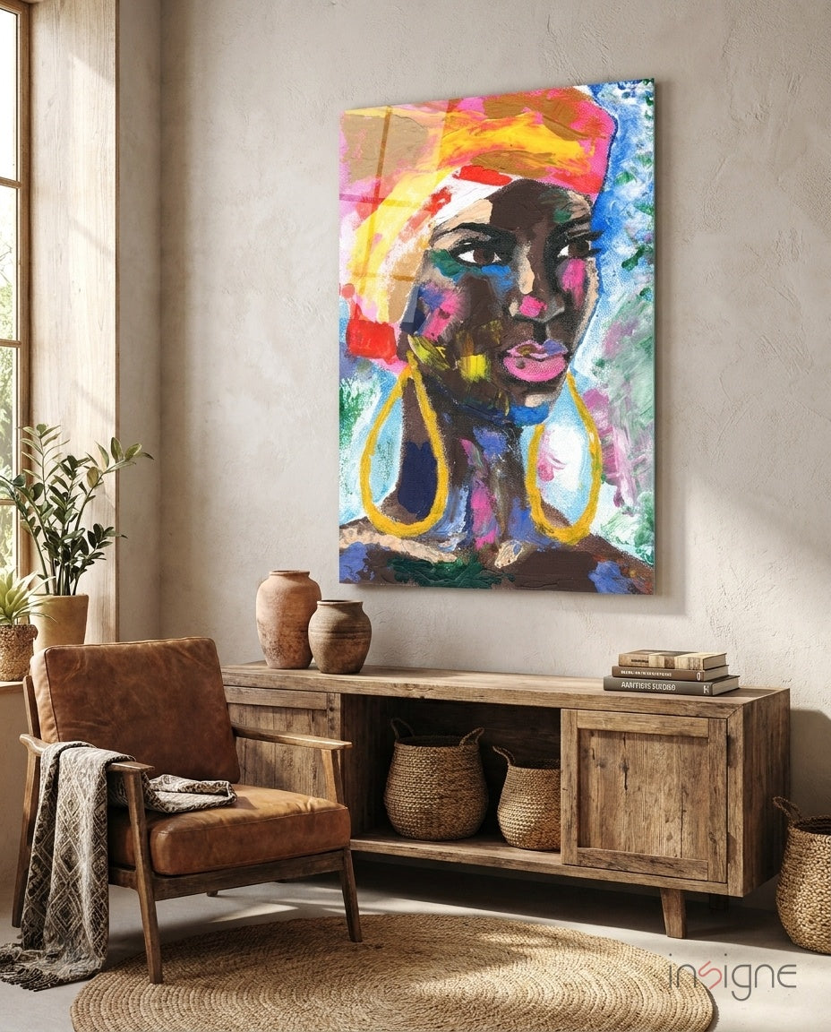 Woman with gold earrings glass wall art in cobalt and magenta