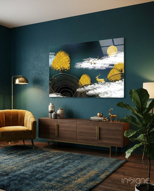 Golden Stag Fantasy glass wall art with moon and gilded trees