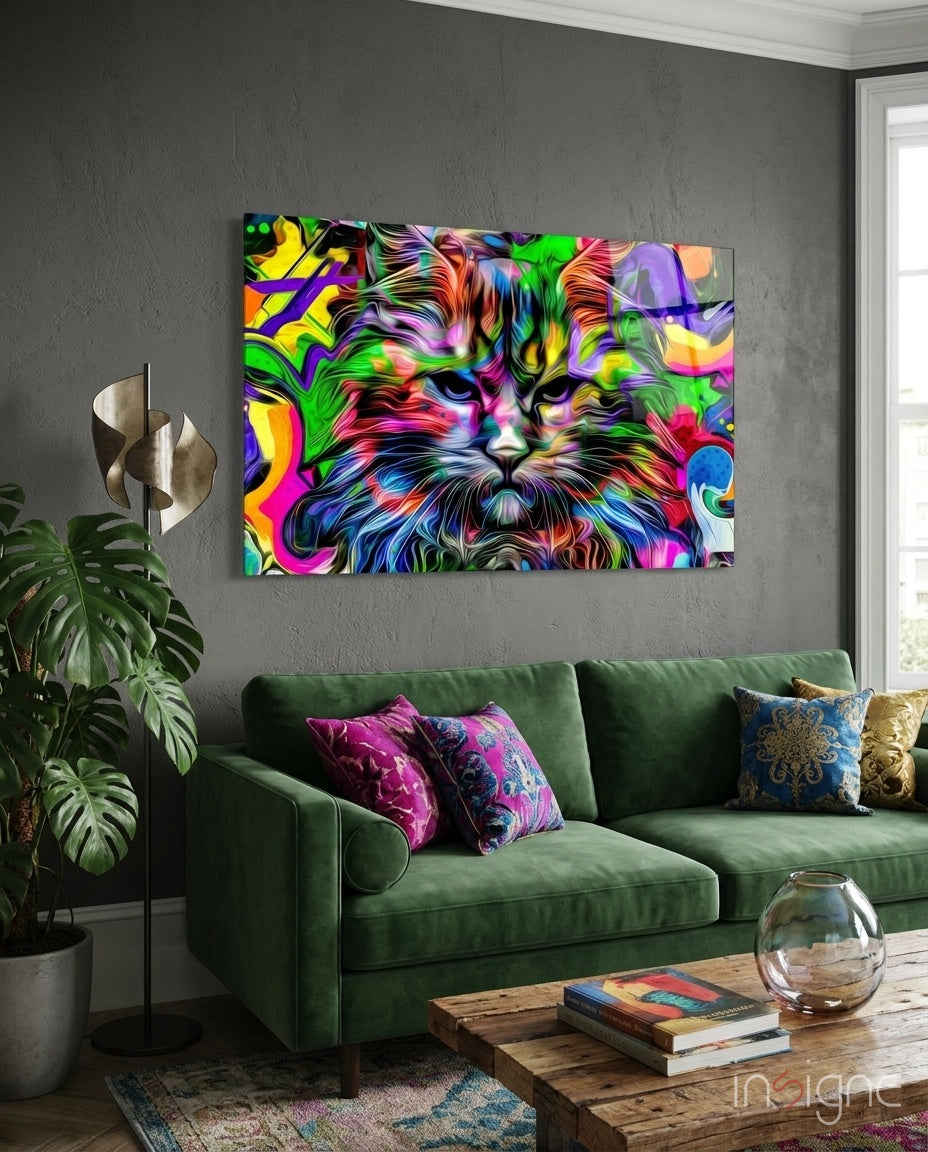 Cat glass wall art with whimsical feline portrait on glossy tempered glass