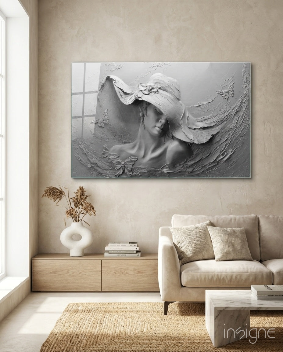 Relief woman with butterflies glass wall art, sculpted figure in pearl and graphite