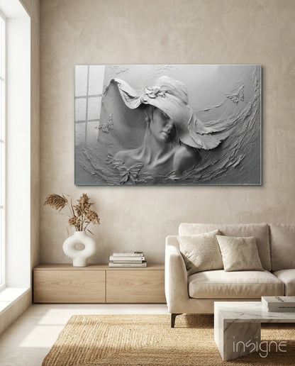 Relief woman with butterflies glass wall art, sculpted figure in pearl and graphite