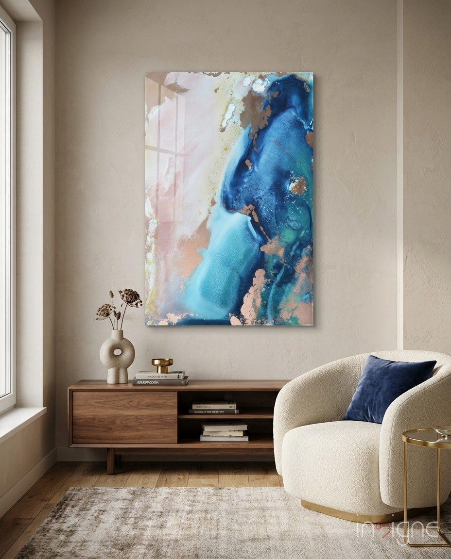 Cobalt Tide Abstract glass wall art in coastal blue and blush