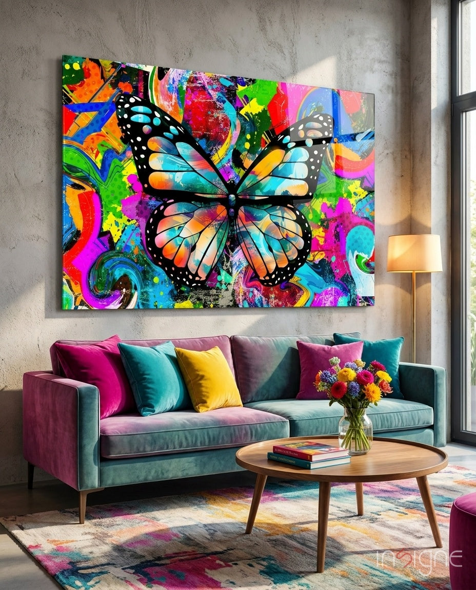 Pop art butterfly glass wall art with splash colors