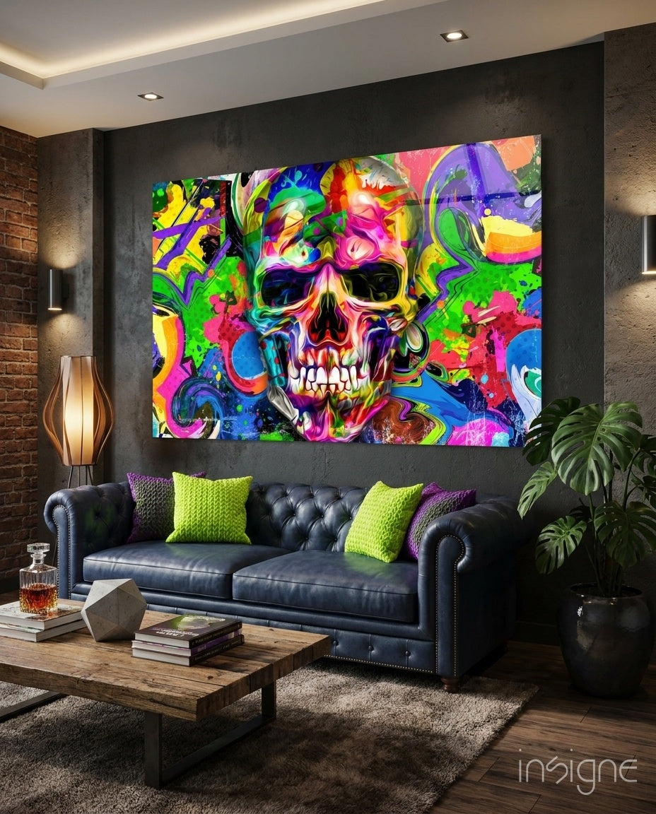 Neon graffiti pop art skull glass wall art