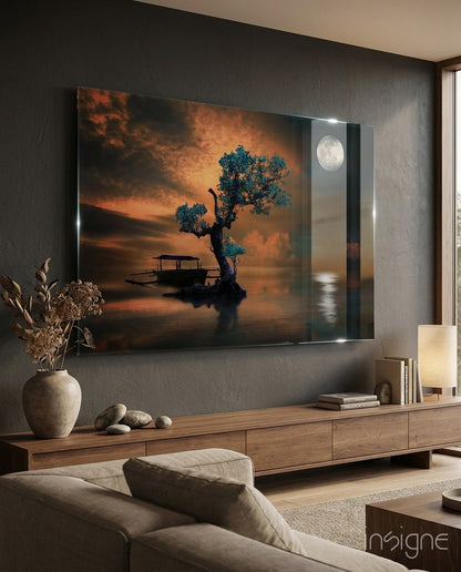 Night of the Tree glass wall art moonlit scene