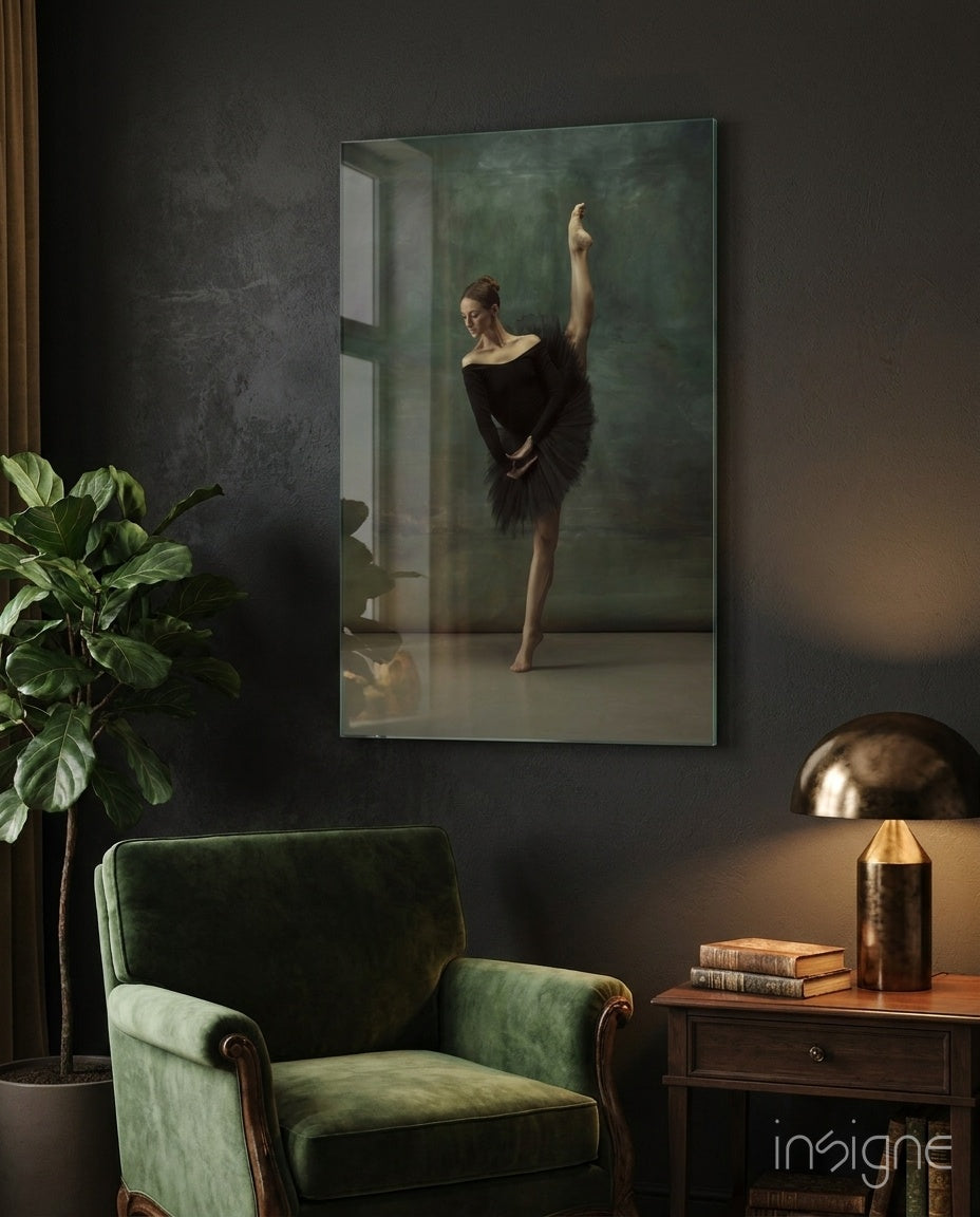 Ballerina Glass Wall Art - noir arabesque ballerina on tempered glass