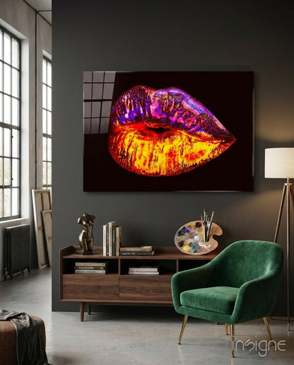 Molten gold and purple metallic lips glass wall art
