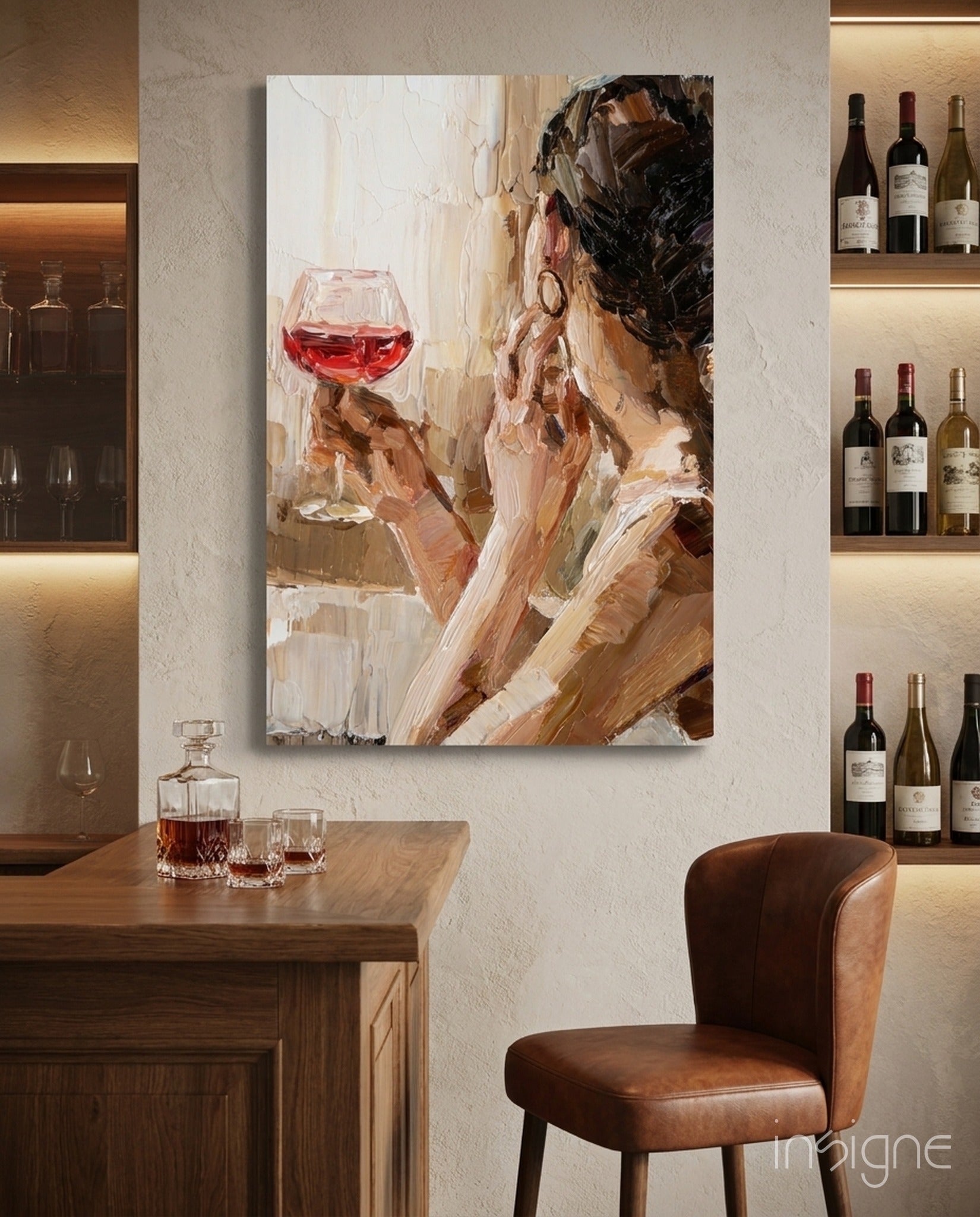 Wine and woman painterly glass wall art print