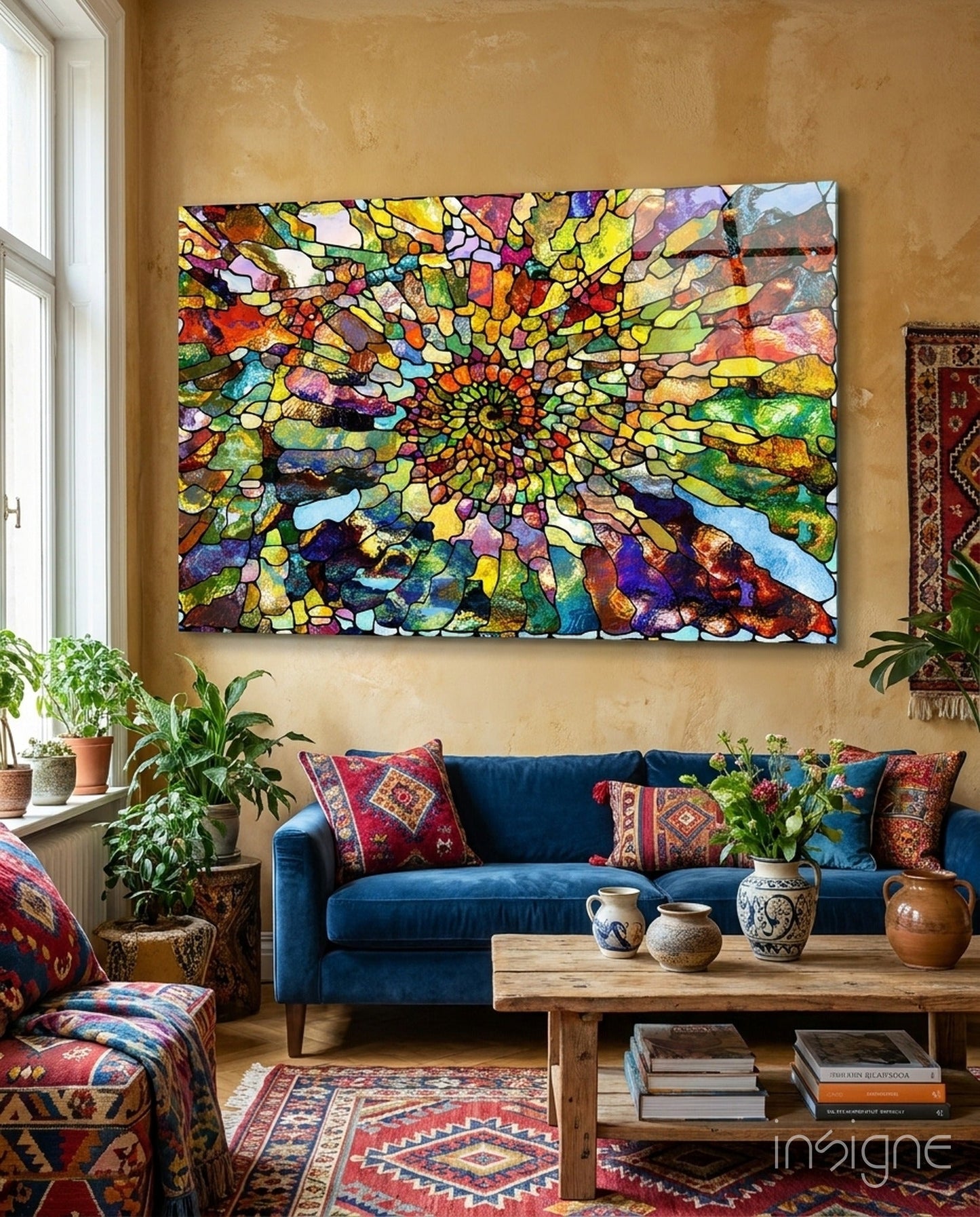 Colorful mosaic stained-glass style glass wall art