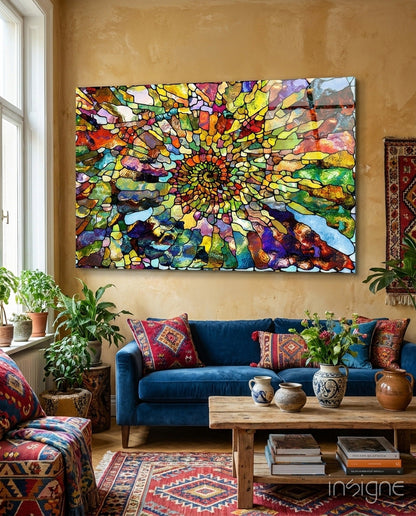 Colorful mosaic stained-glass style glass wall art
