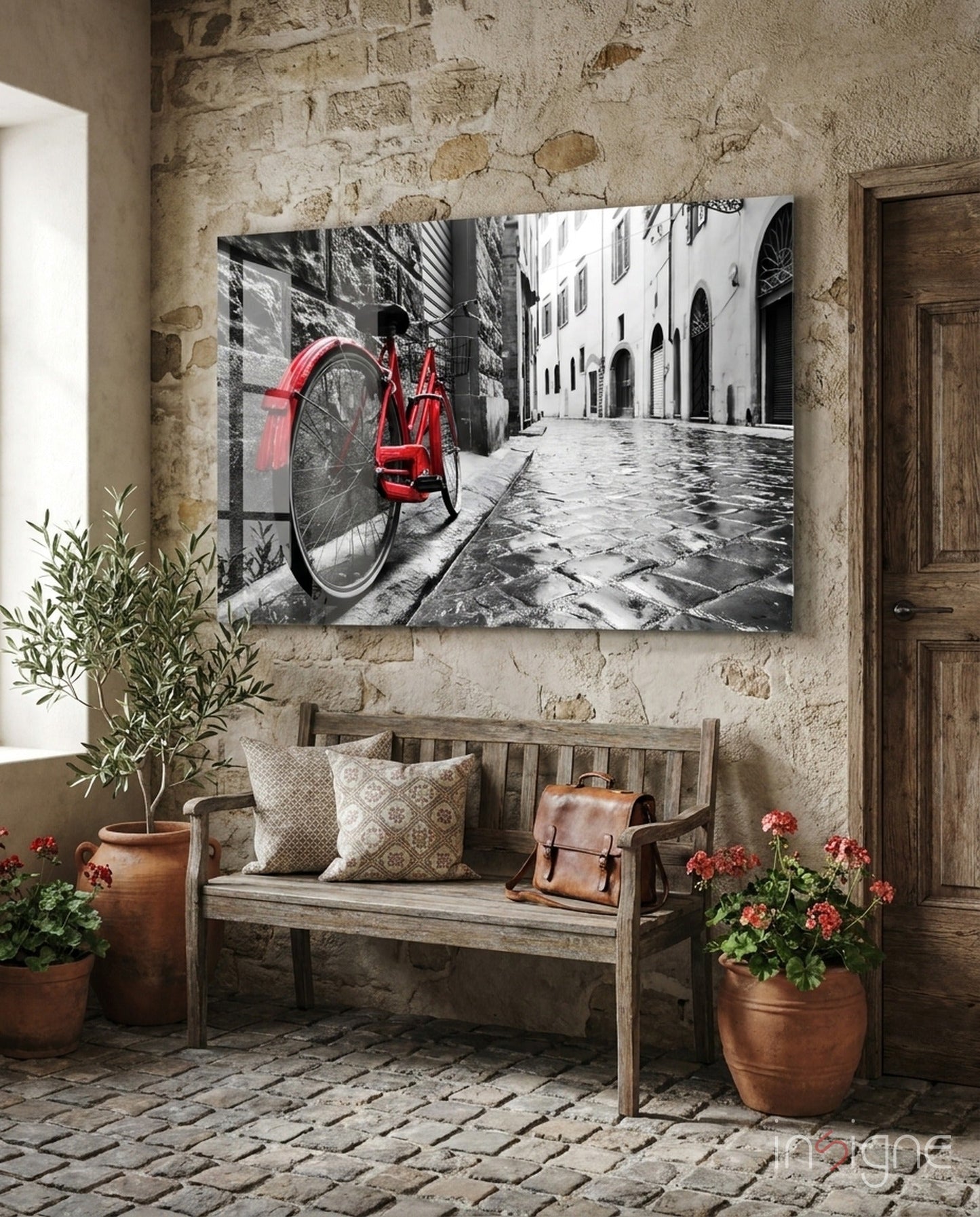Bicycle on a city street, glass wall art on high-gloss tempered glass