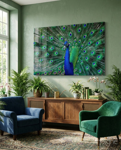 Peacock glass wall art with jade and cobalt feathers