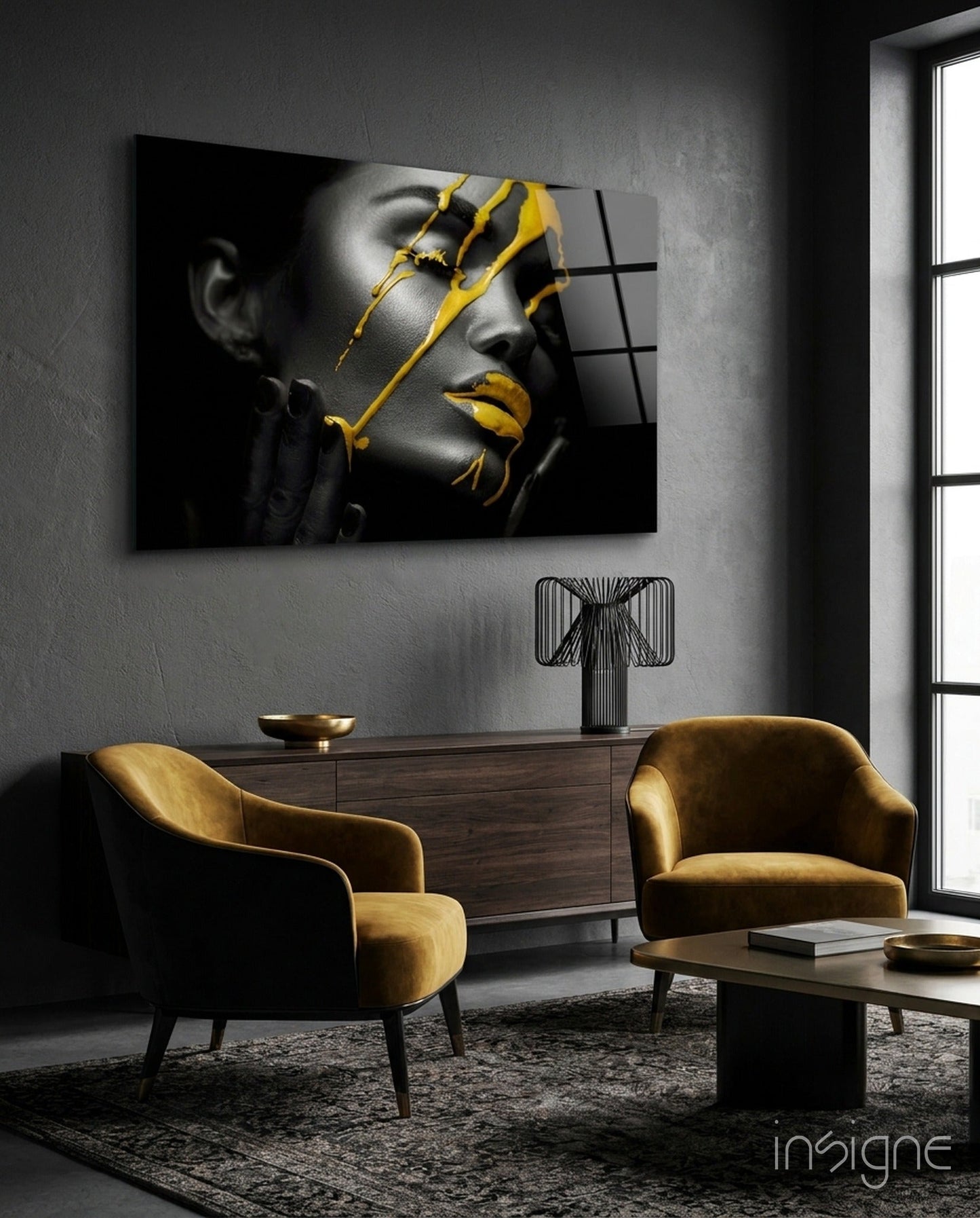 Yellow paint glass wall art portrait
