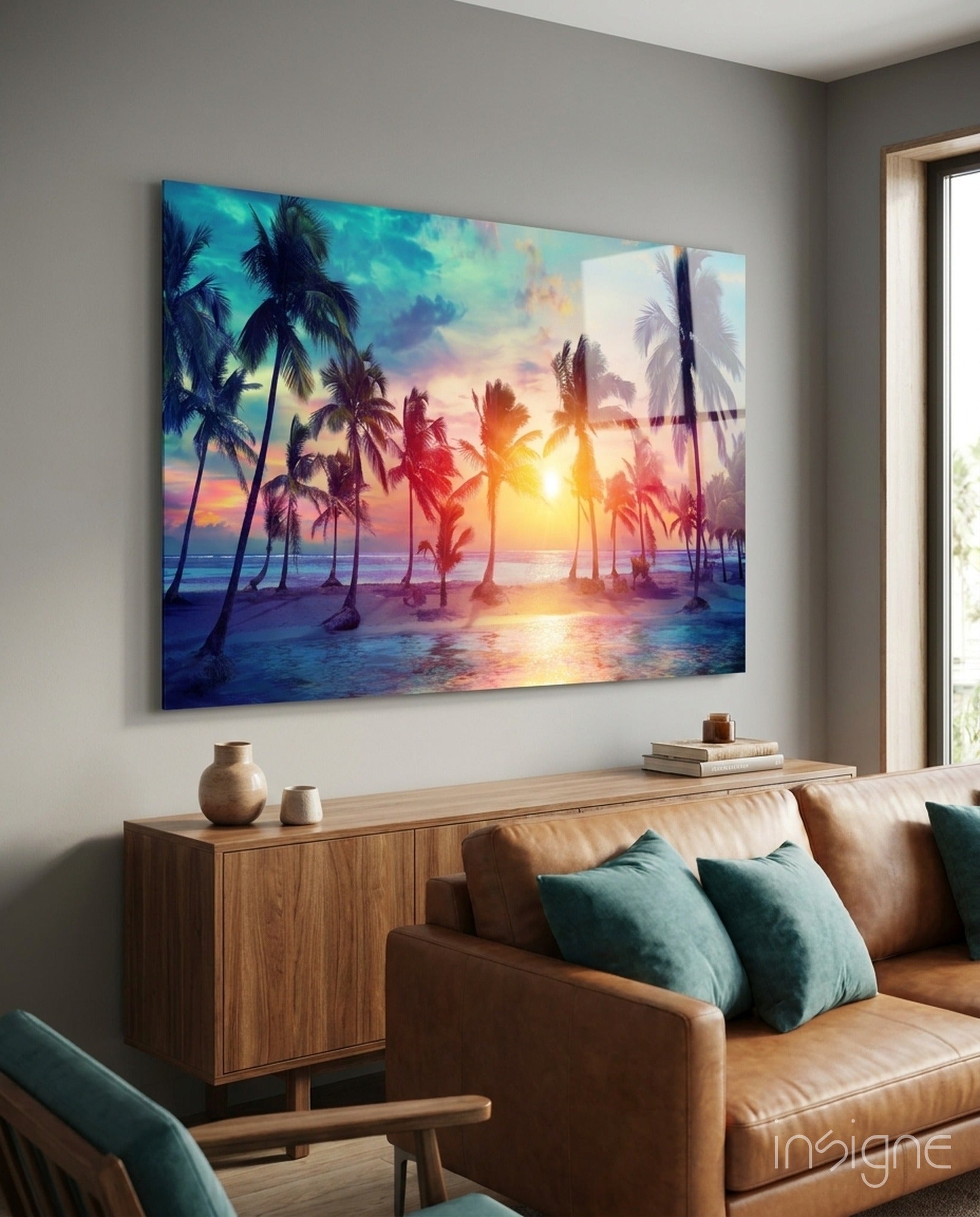 Tropical sunset palms glass wall art