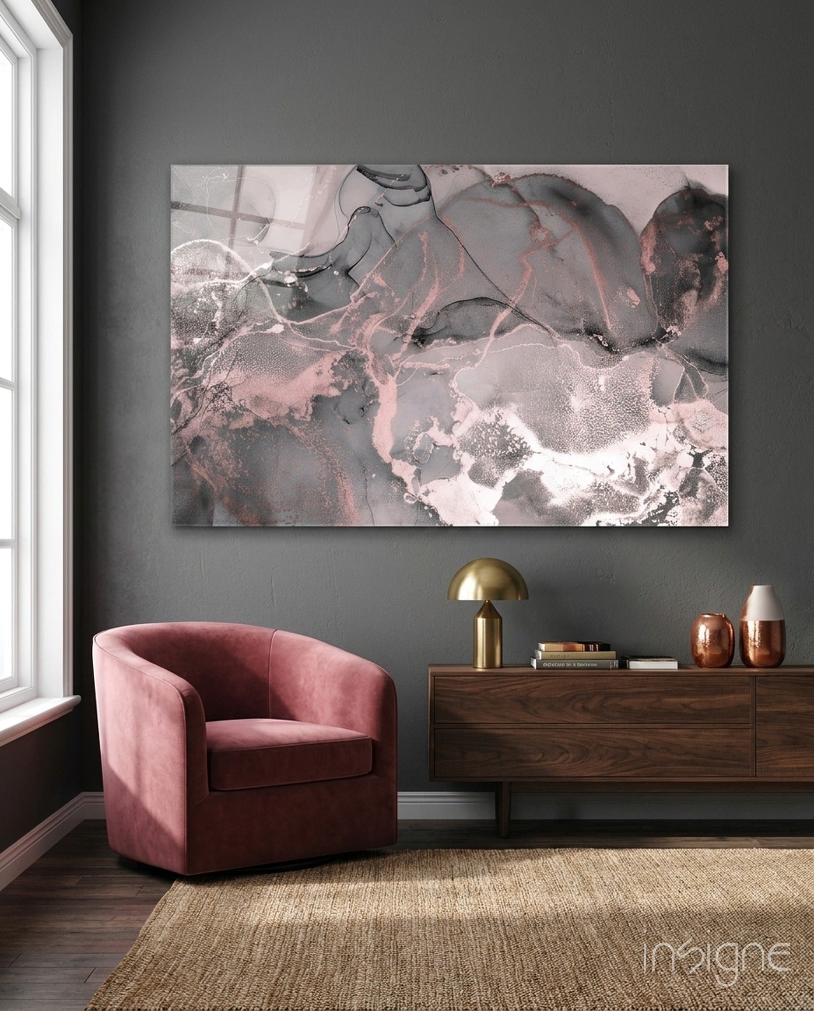 Sweet Pink abstract glass wall art with blush and copper ink
