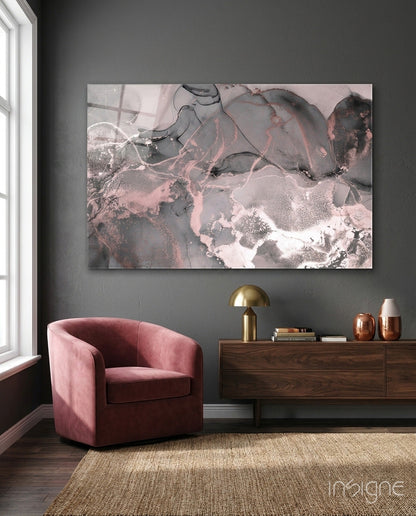 Sweet Pink abstract glass wall art with blush and copper ink
