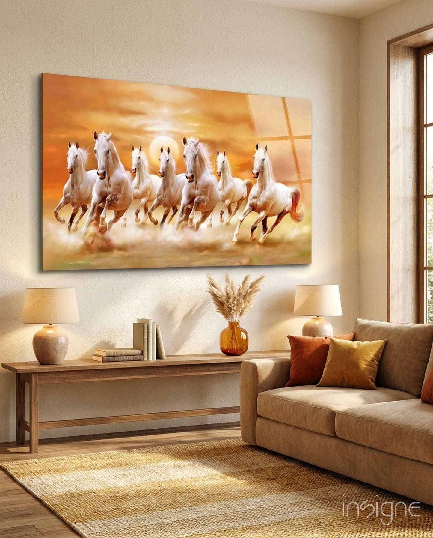 Seven white running horses at amber sunset, Vastu glass wall art on high-gloss tempered glass
