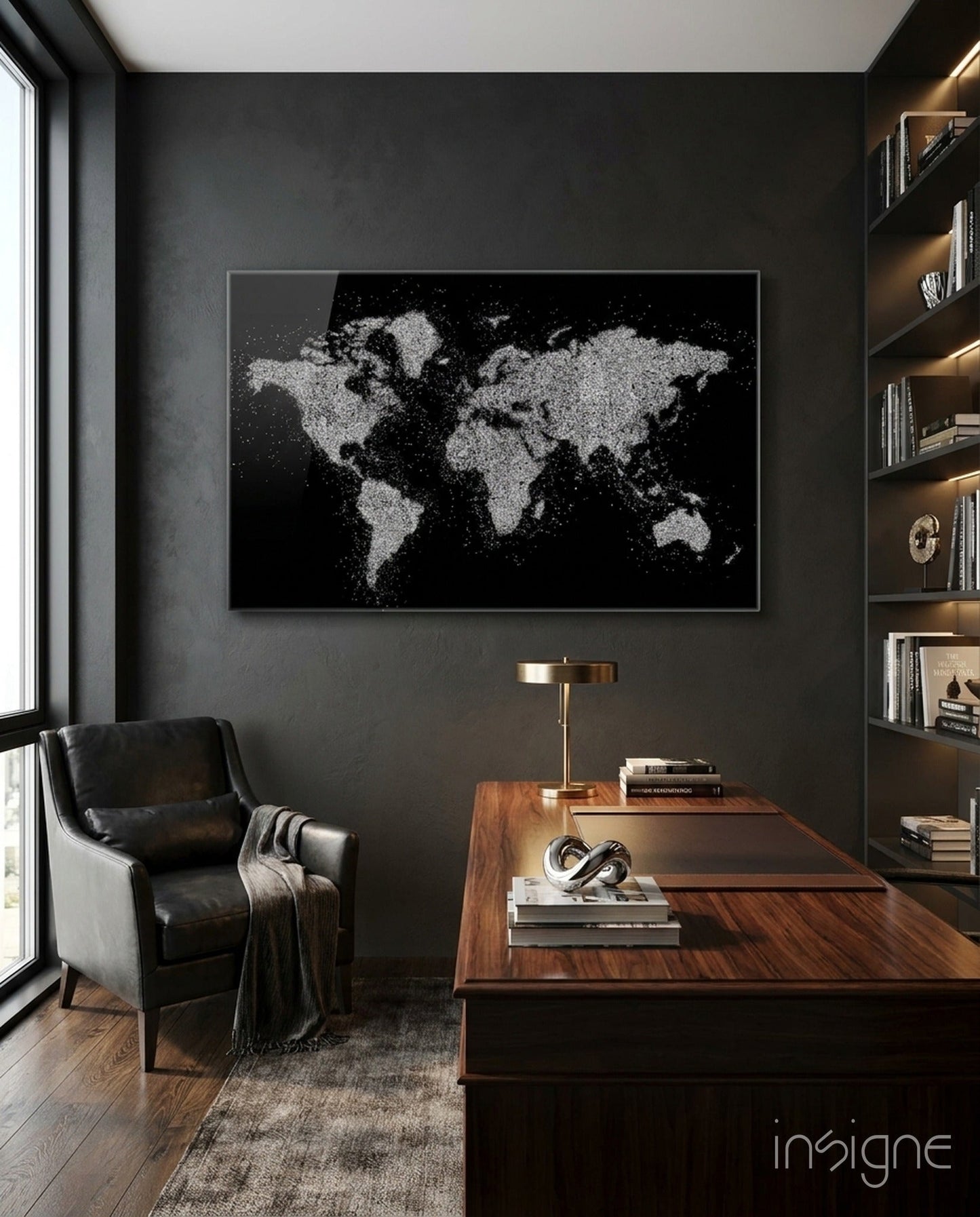 Silver Glitter World Map glass wall art on a dark wall