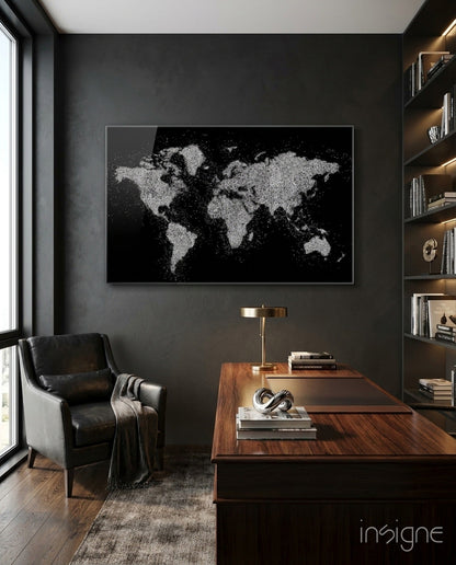 Silver Glitter World Map glass wall art on a dark wall