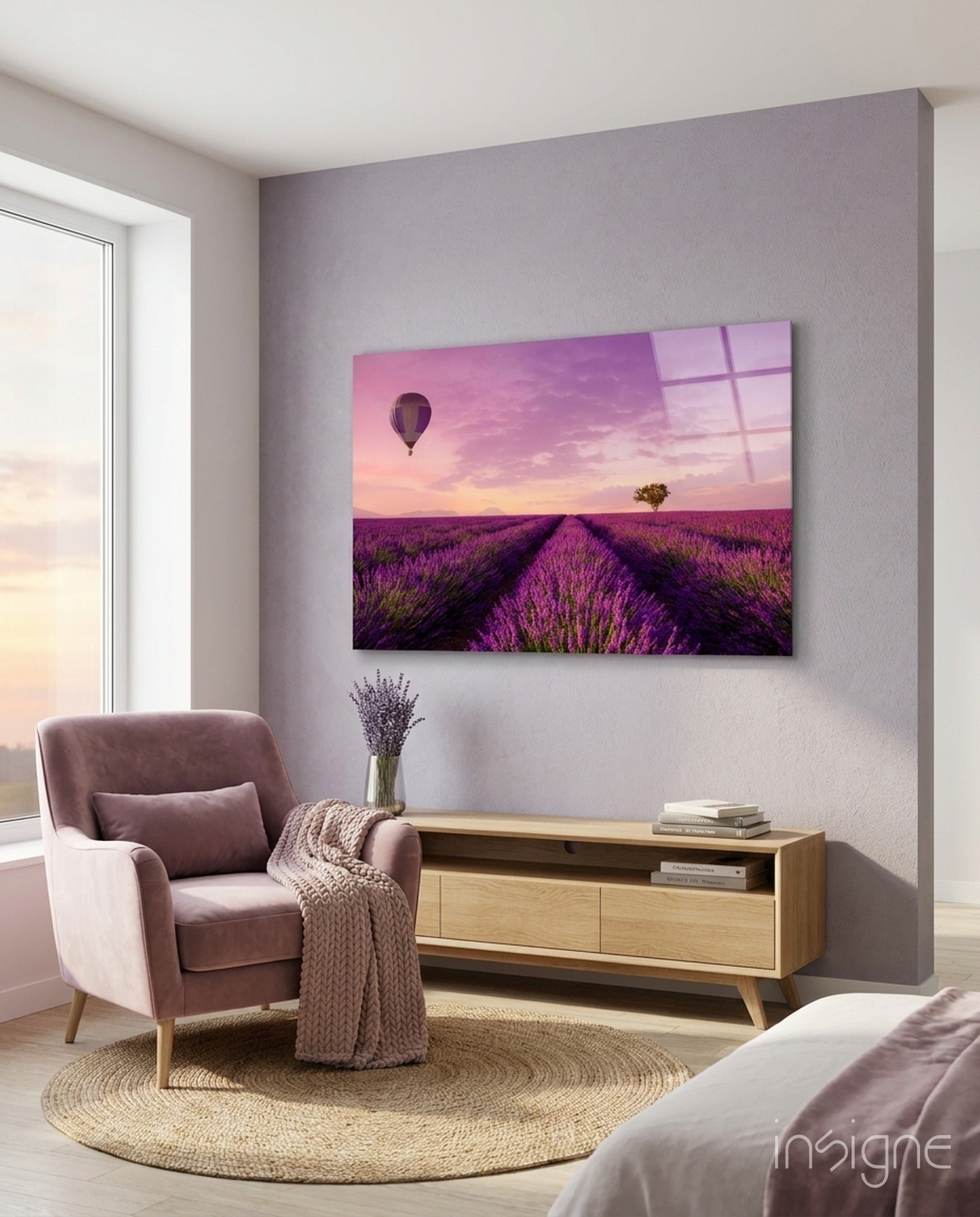 Lavender field and hot-air balloon glass wall art