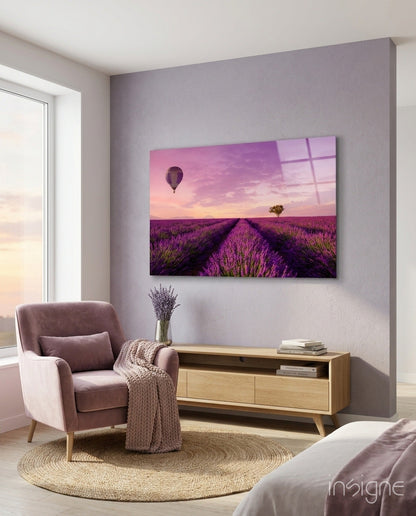 Lavender field and hot-air balloon glass wall art