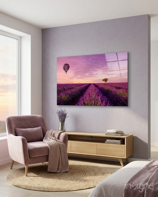 Lavender field and hot-air balloon glass wall art