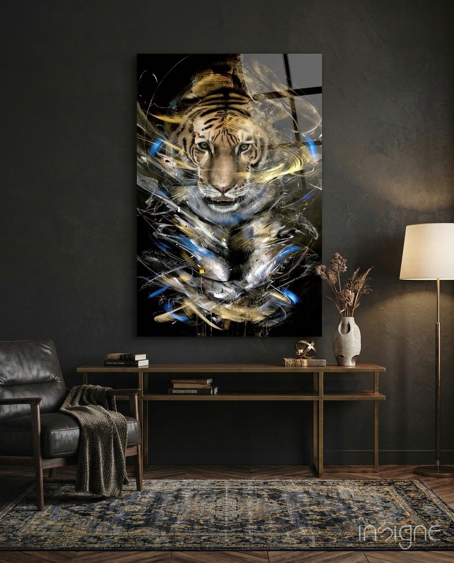 Tiger glass wall art with cobalt and mustard brushstrokes