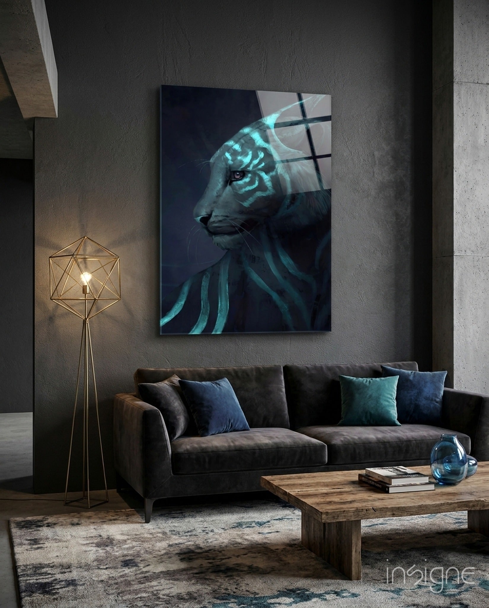 Neon tiger glass wall art with teal glow stripes