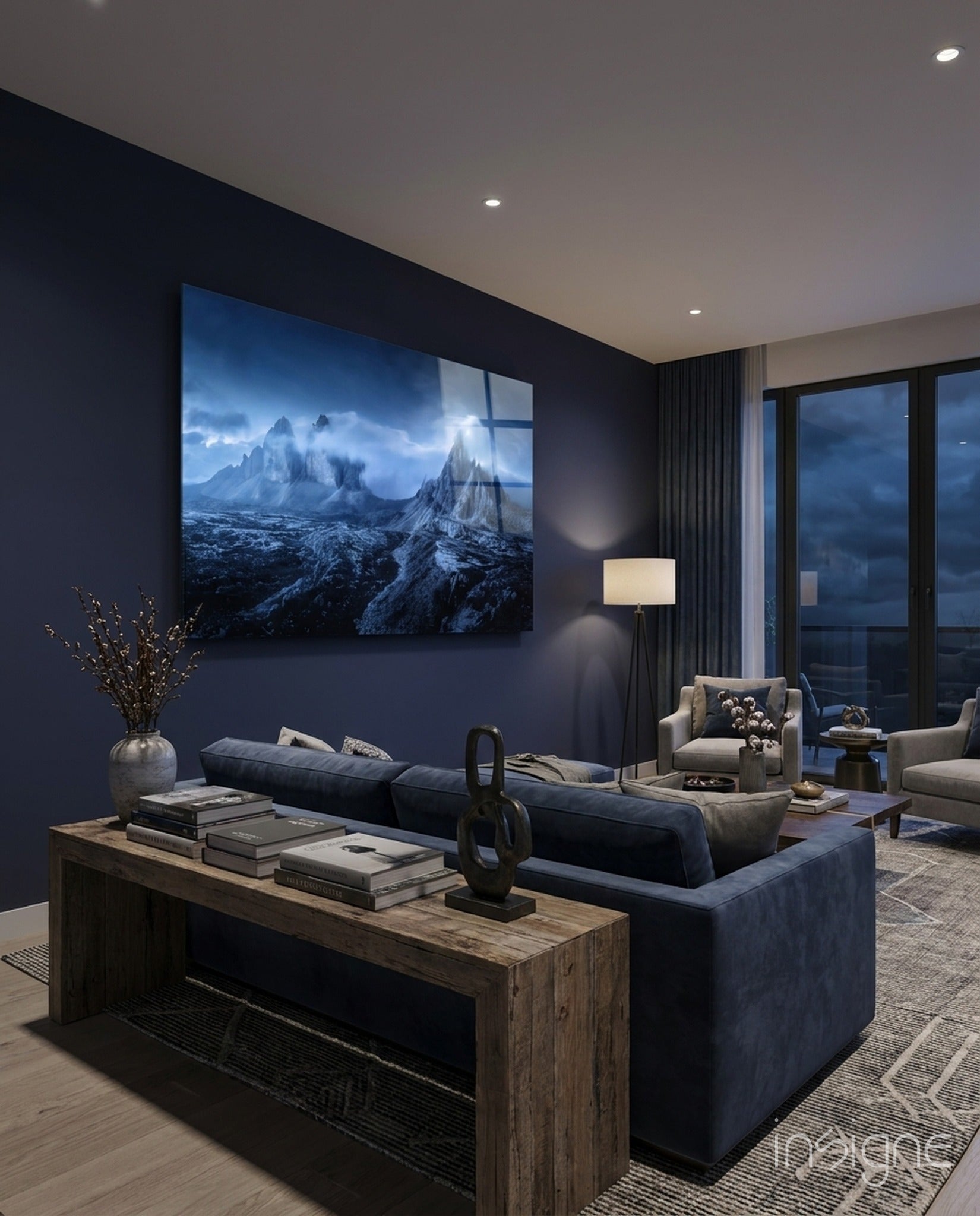 Imposing Mountains glass wall art displayed on a living room wall