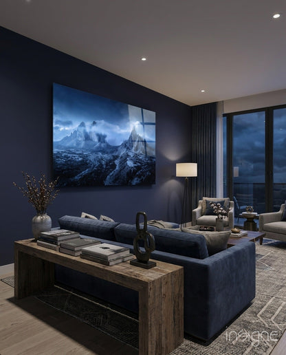 Imposing Mountains glass wall art displayed on a living room wall
