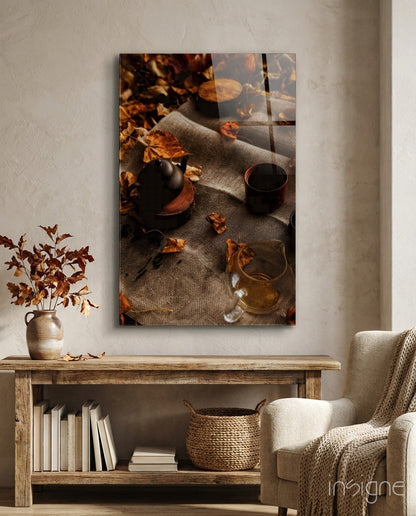 Autumn Picnic Glass Wall Art - fall still life with coffee and tea on tempered glass