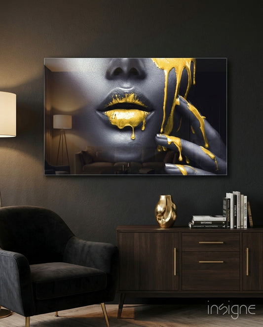 Yellow Lips tempered glass wall art hanging in a modern bedroom