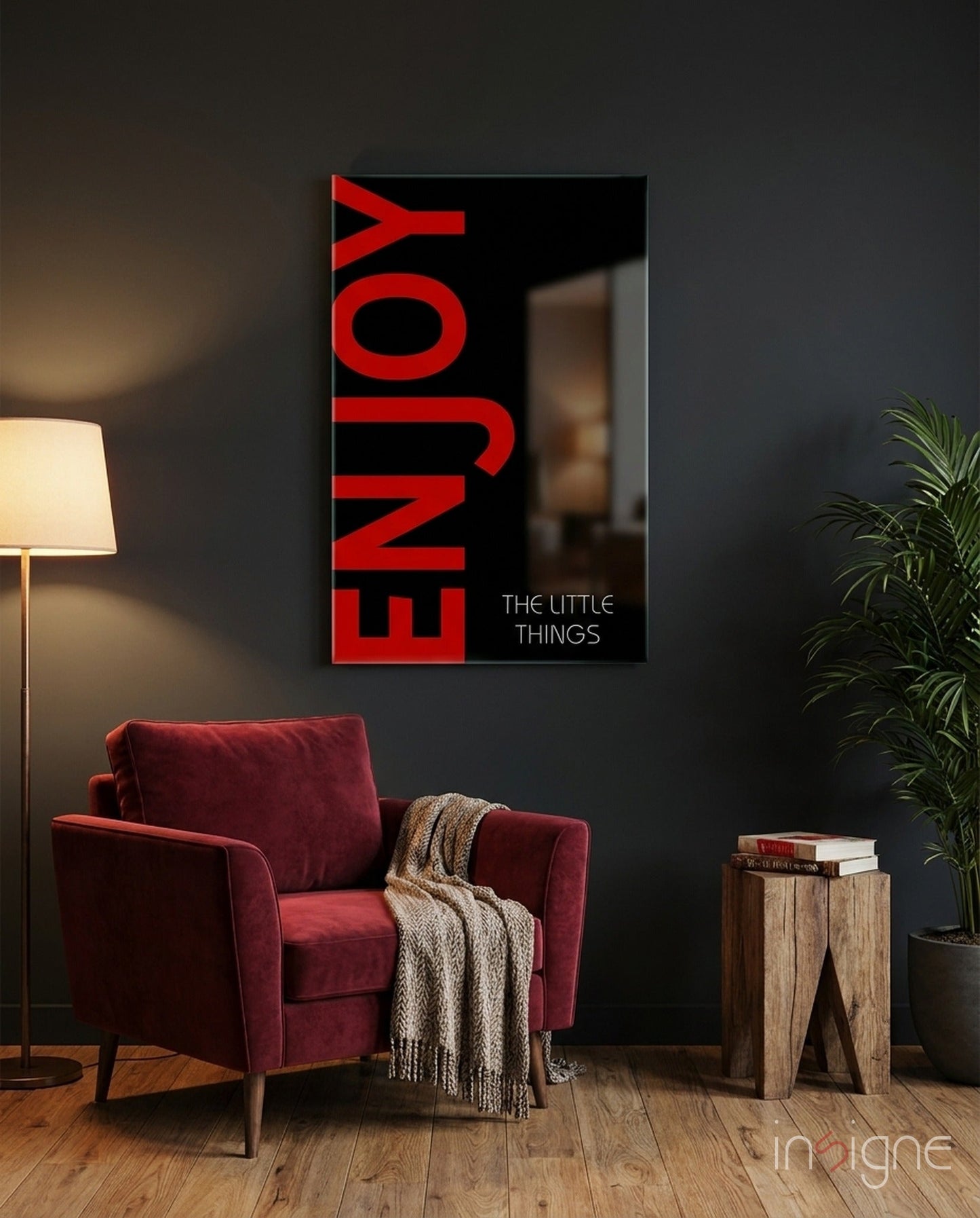 Enjoy The Little Things crimson typography glass wall art