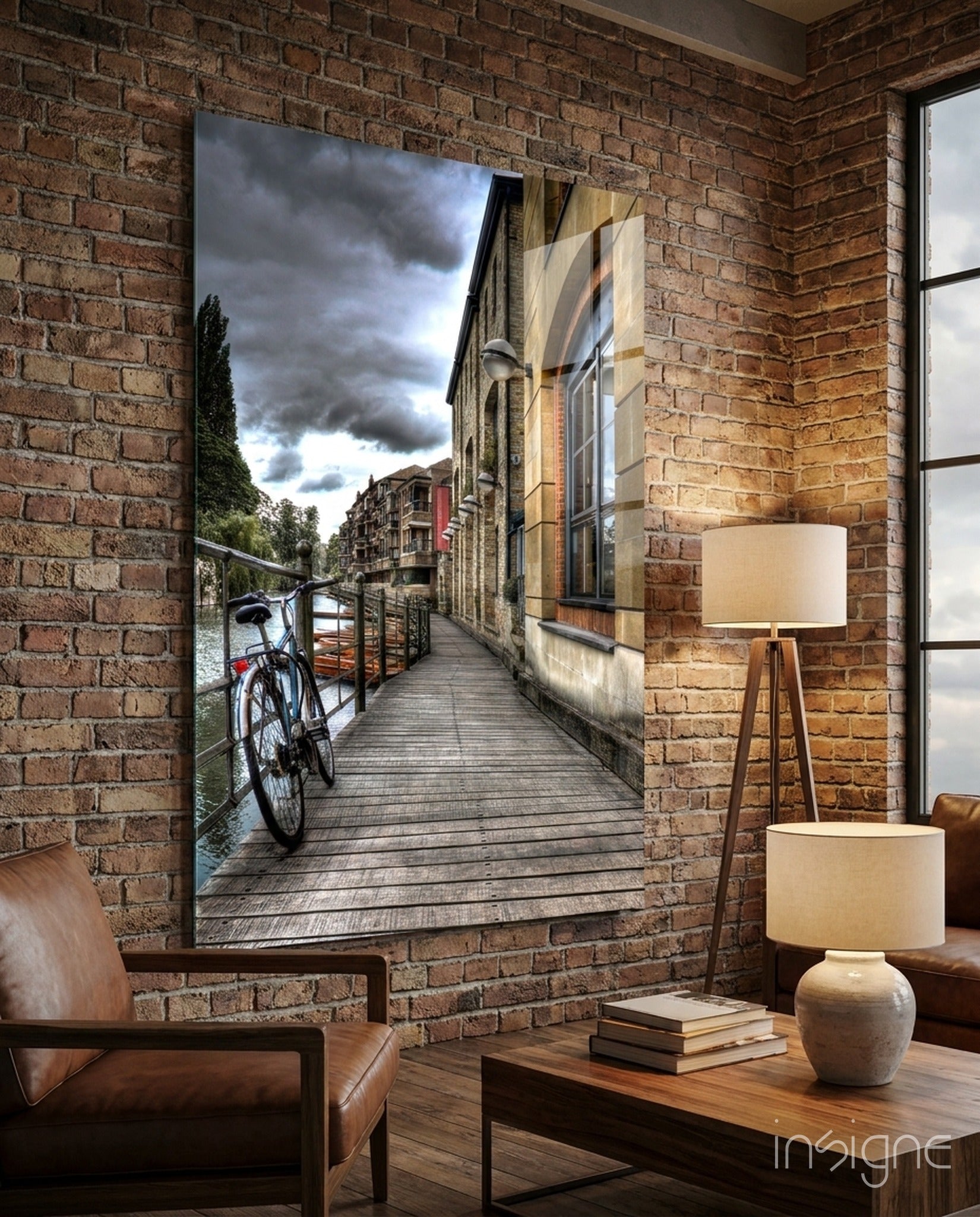 Street View red bicycle European canal glass wall art