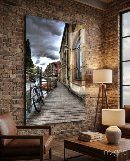 Street View red bicycle European canal glass wall art