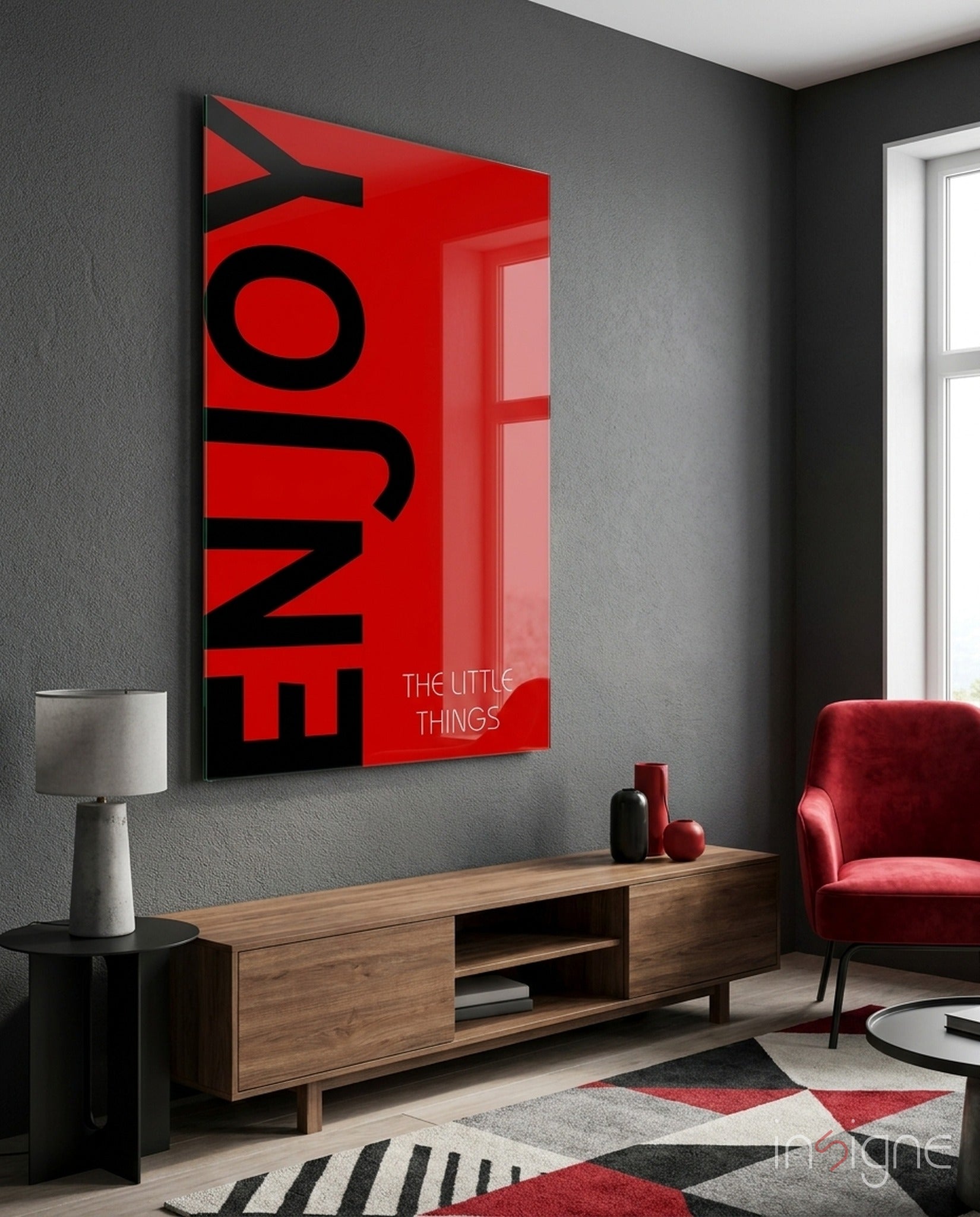 Enjoy The Little Things crimson typography glass wall art