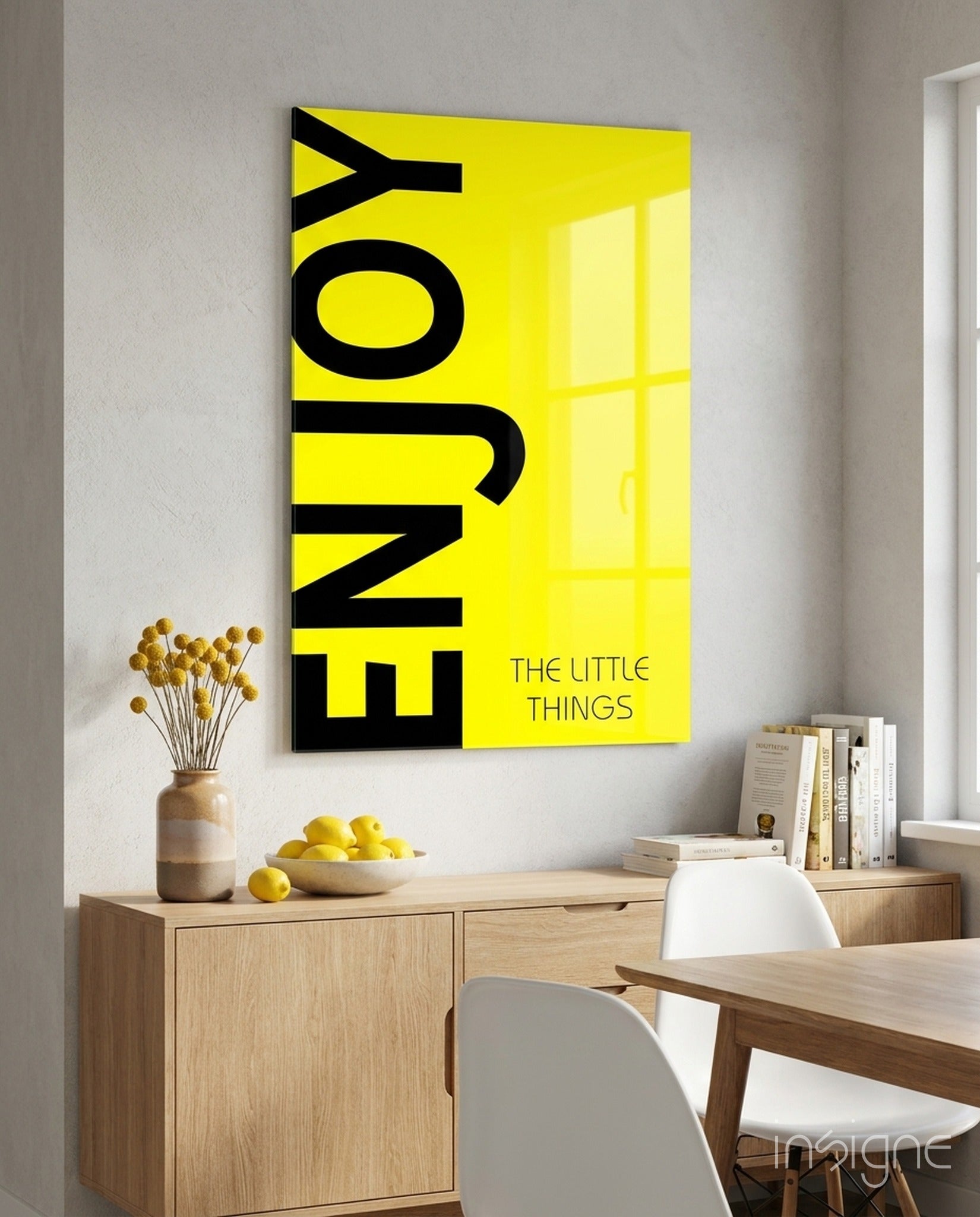Enjoy The Little Things marigold typography glass wall art