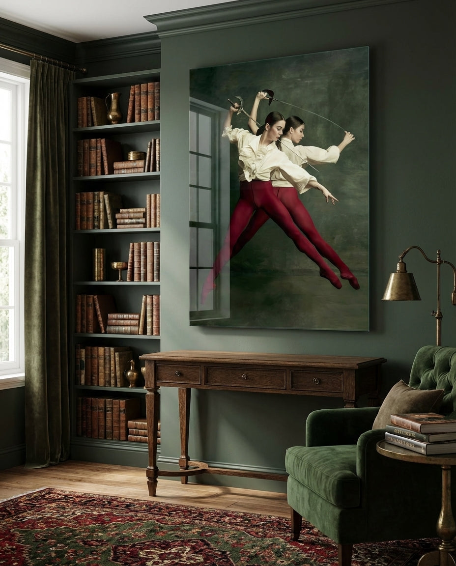 Fencing glass wall art with two fencers dueling