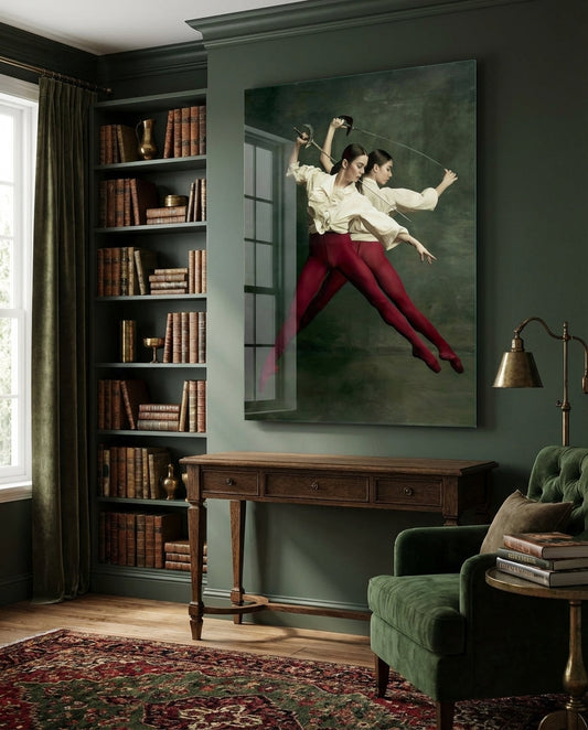 Fencing glass wall art with two fencers dueling