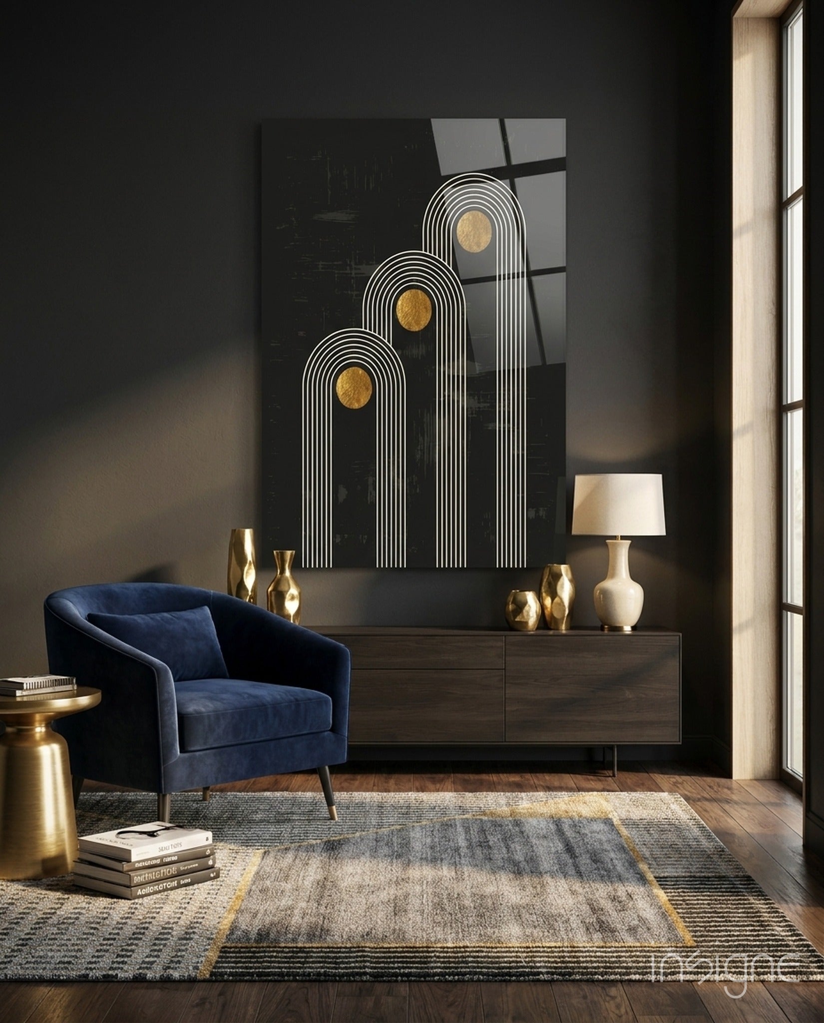 Three Dots glass wall art, art-deco gold arches
