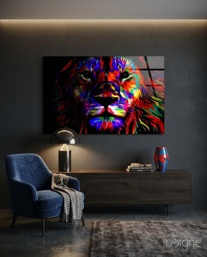 Lion glass wall art, painterly pop-art lion mane