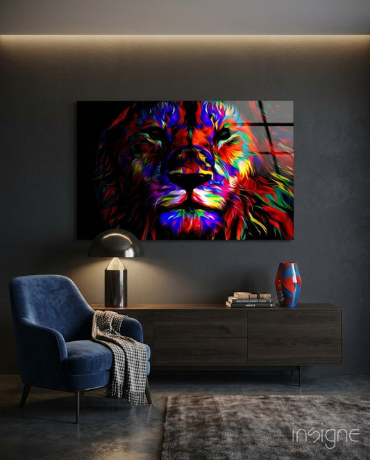 Lion glass wall art, painterly pop-art lion mane