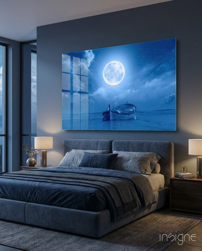 Moonlit boat seascape glass wall art