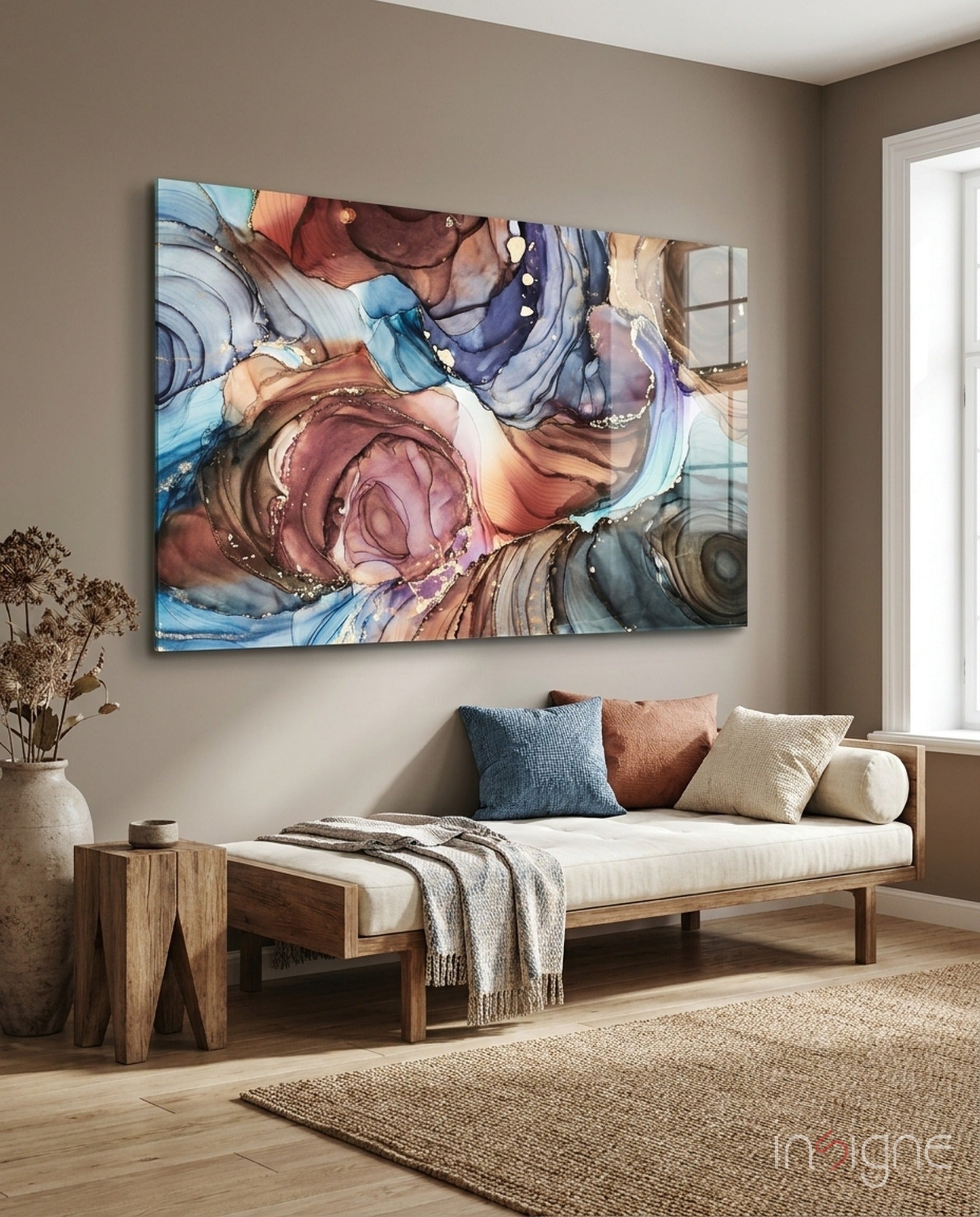 Copper navy alcohol ink marble glass wall art