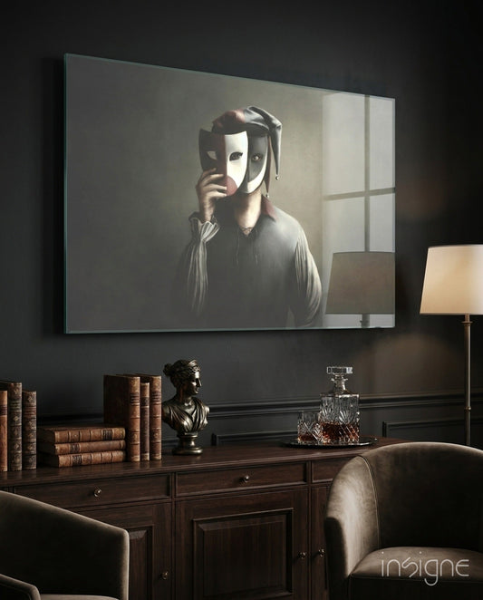 Masks glass wall art, jester mask classical-surreal portrait