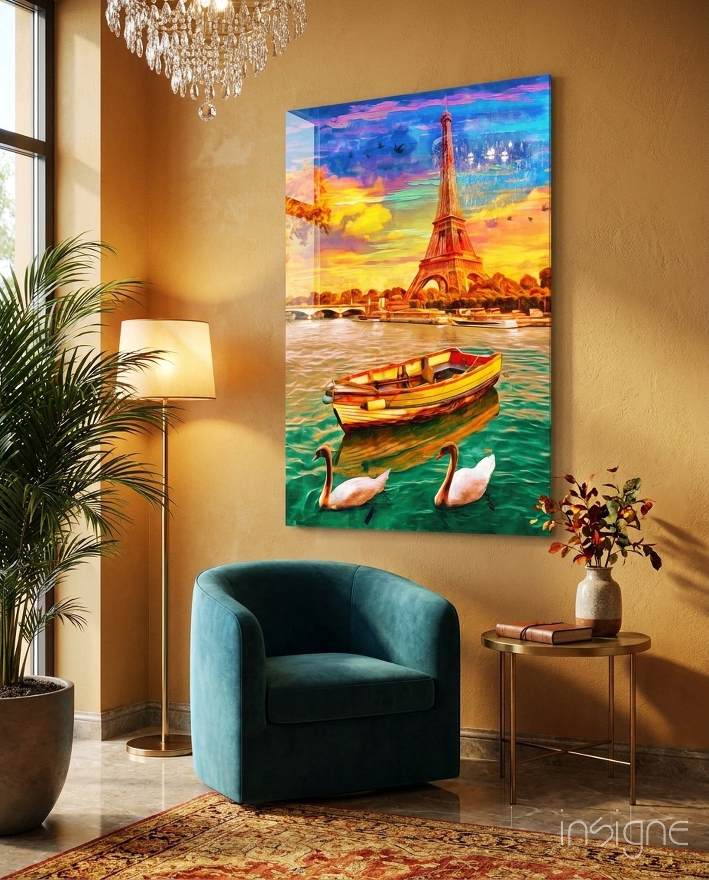 Eiffel Tower glass wall art, Paris sunset with rowboat