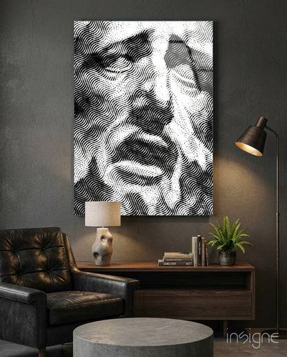 Melting mind glass wall art, line-art dissolving face